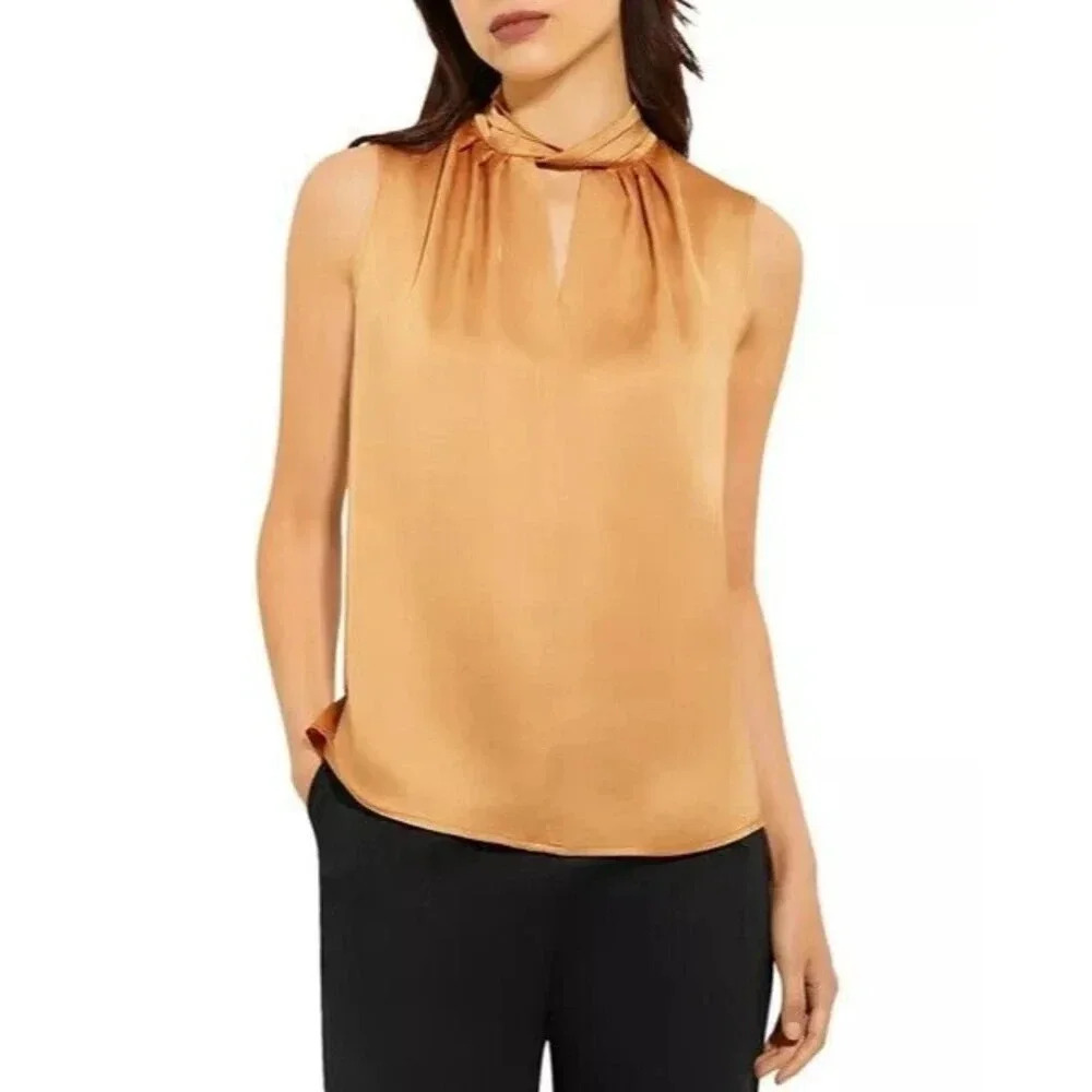 Misook Satin Pleated Twist Neck Blouse Sleeveless Gold Size Medium